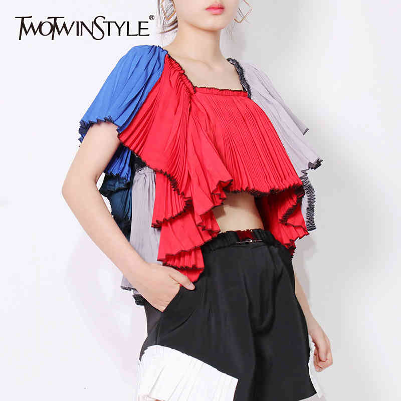 

Hit Color Pleated Shirt For Women Square Collar Patchwork Ruffle Short Blouse Female Fashion Clothing Summer 210524, Gray