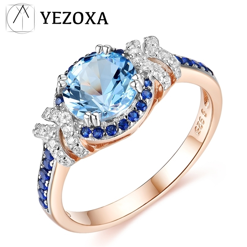 

925 Sterling Silver Ring For Women Created Gemstone London Blue Topaz Rose Gold Plating Luxury Anniversary Gifts Fine Jewelry 220212