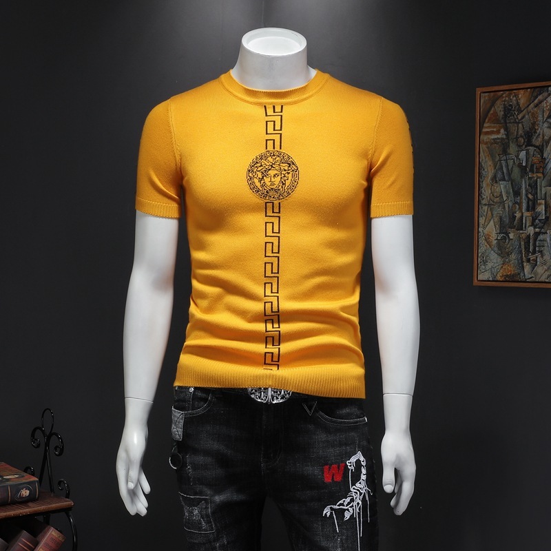 

sweaters fashion knit short sleeve sweater men's half spring autumn korean trend embroidery slim bottomed ted t-shirt, White;black
