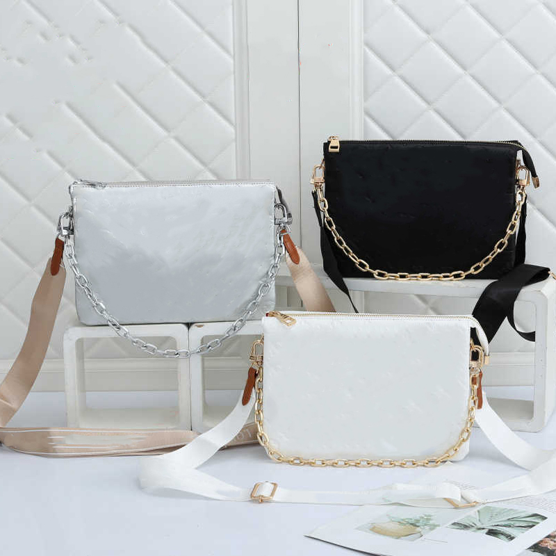 

Women Fashion Bags Cross Body Handbag chain letter pattern Bump embossing process Plain PU Chains metal Luxury brand design Metallic, Box