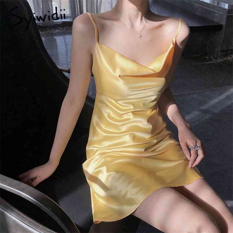

Yellow Dresses For Women Sleeveless Spaghetti Strap Vintage Dress Purple Kahki Summer Clothes Sexy Slash Neck Mini 210607