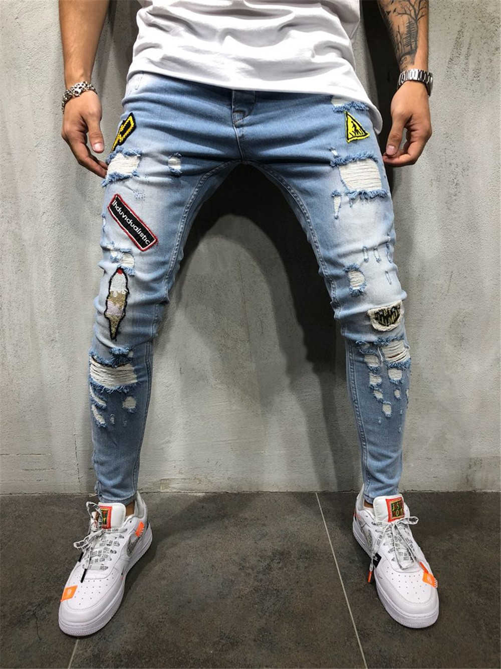 

Cotton Blend Skinny Hole Ripped Denim Jeans for Men Hip Hop Slim Fit Streetwear Patchwork Badge Distressed Blue Pencil Pants X0621, Dark blue