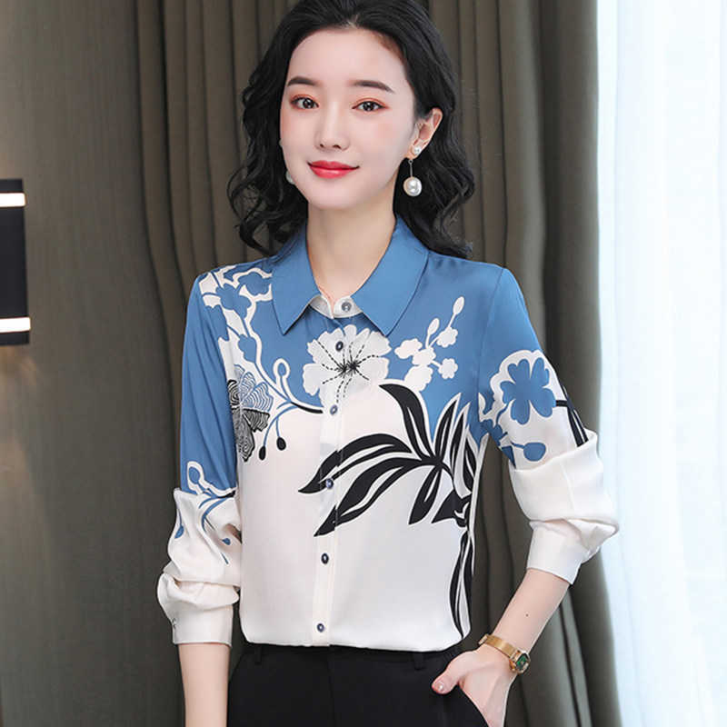 

Korean Women Shirts Chiffon Blouses for Floral Tops Plus Size Elegant Office Lady Print Shirt Blouse XXXL 210604, Blue