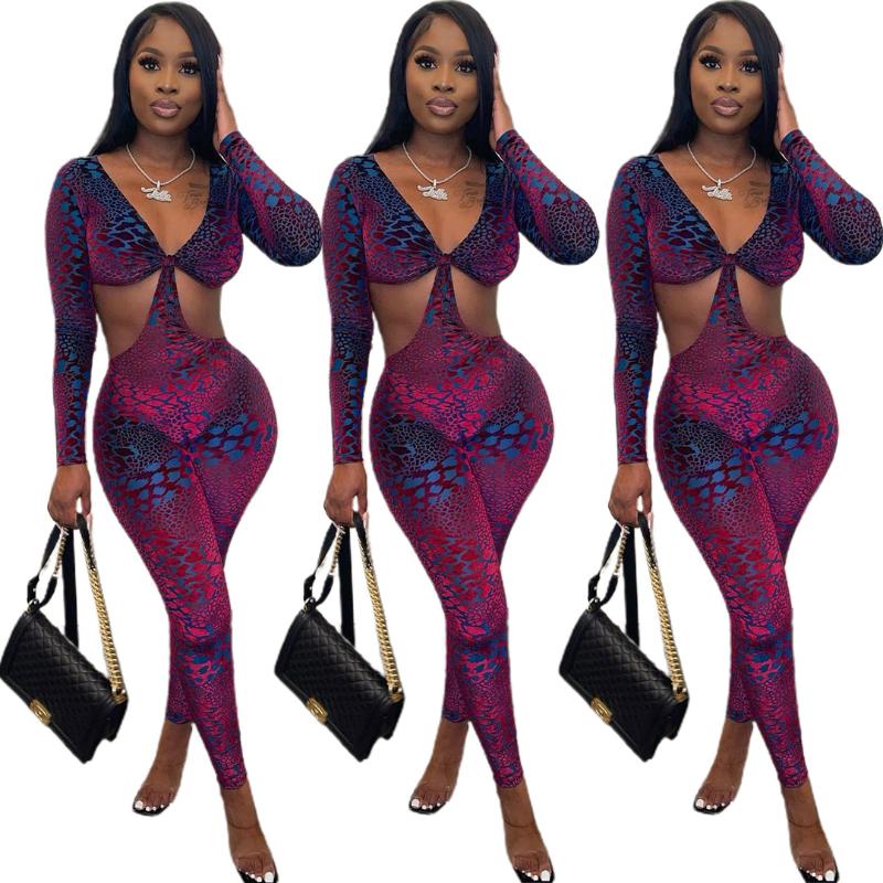 

Ethnic Clothing 2021 Printing Polyester African Clothes For Women Autumn Long Sleeve V-neck Jumpsuit