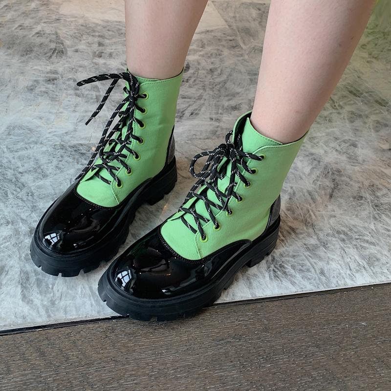 

Boots Black And Green Designer Elasticity Lace Up Platform Punk Autumn Shoes Women Patent Leather Ankle Botte Femme