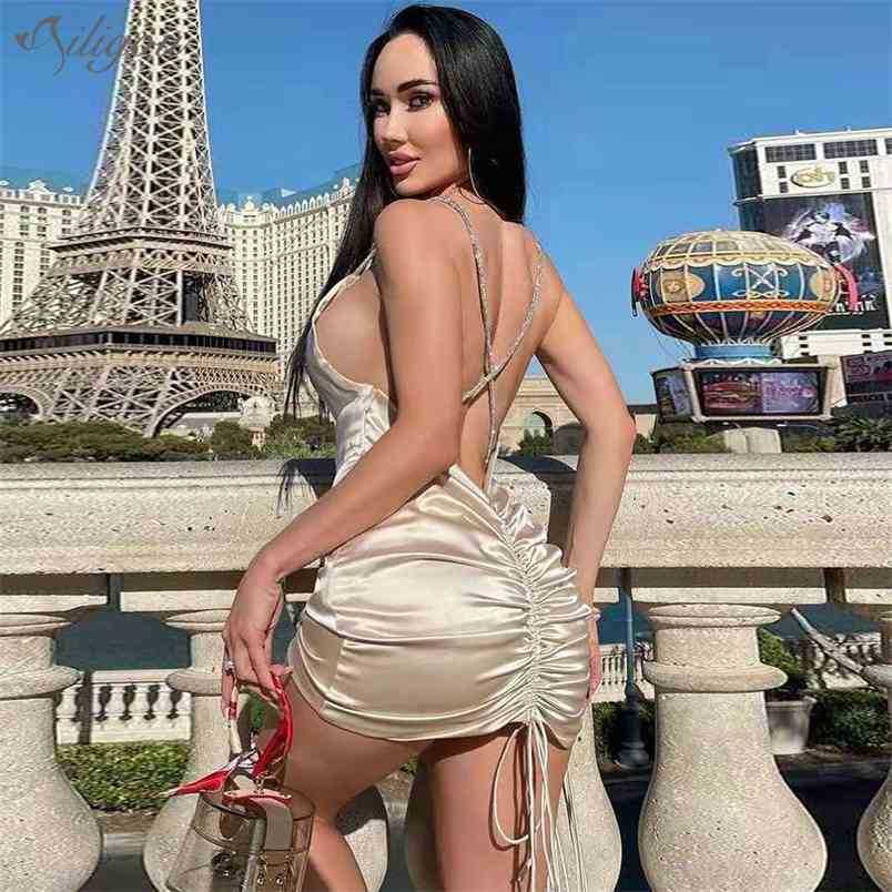 

Sexy Halter Runway Elegant Designer Diamond Band Satin Mini Dress Ladies Club Celebrity Bodycon Banquet Vestido 210525, Beige