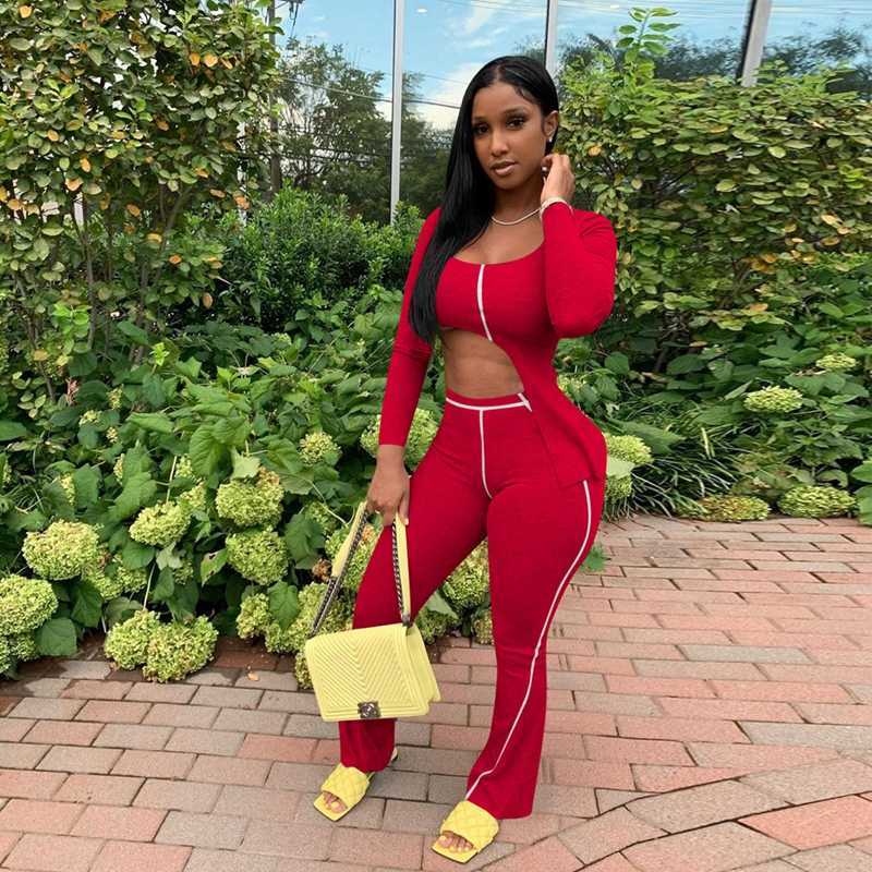 Women&#039;s Two Piece Pants Autumn Sexy 2 Set Festival Clothing s Ribbed Crop Tops Long Bodycon Club Outfits for 1ZDD-image-704162327