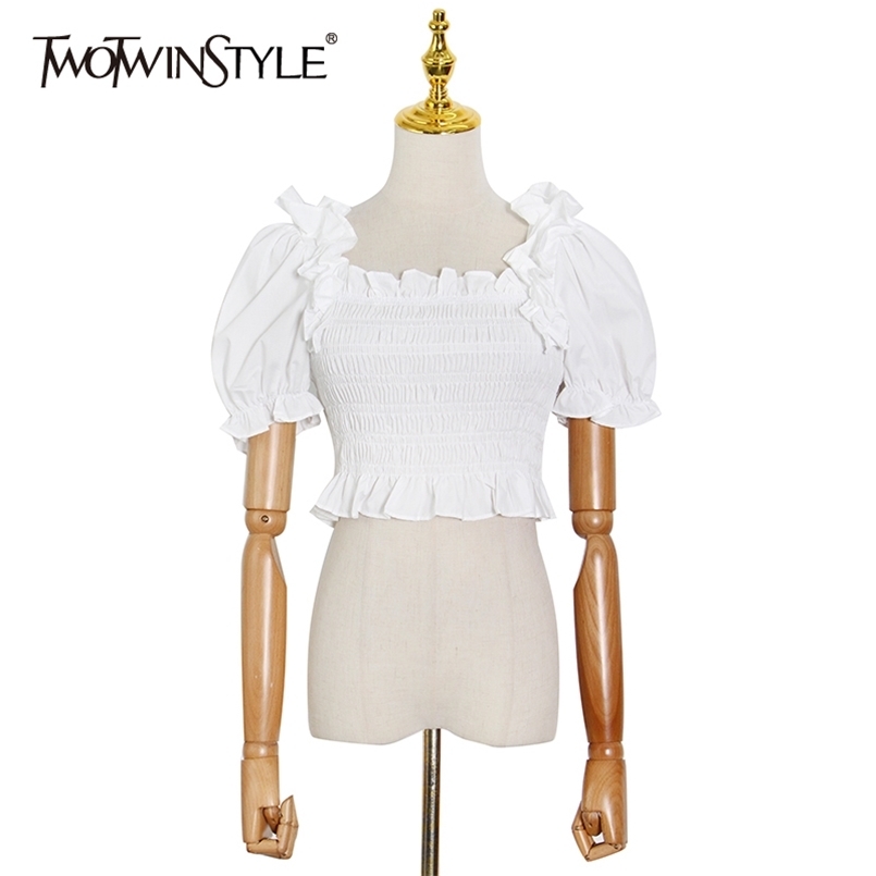 

Pink Ruched Patchwork Ruffle Shirt For Women Square Collar Short Sleeve Slim Blouse Female Fashion Summer 210524, Black