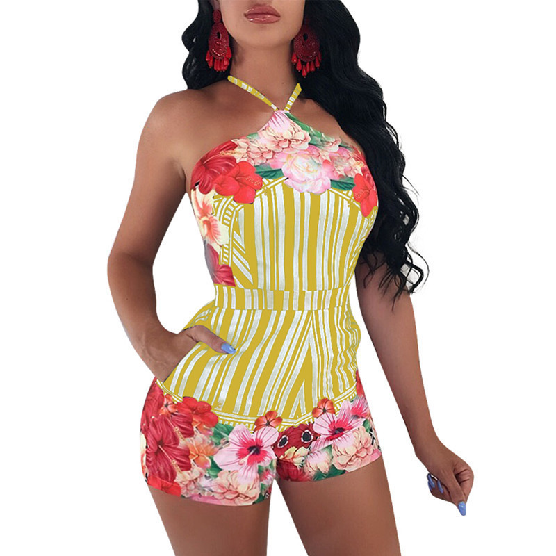 

Womens Designer Striped and Floral Jumpsuits Sexy Summer Open Back Clothing Street Style Bandage Shorts Rompers, Black;white