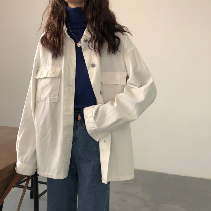 

women's jackets white denim female jacket vintage winter released solid korean loose white autumn casual fashion streetwear girl f1hx, Black;brown