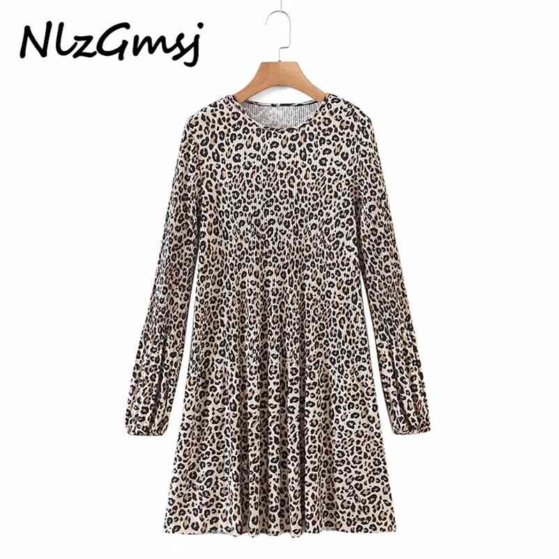

Dress Leopard O Neck Pleated Mini Street Style Female Spring Summer 210628, As picture