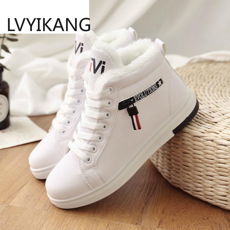 

Winter Boots Women Ankle Warm PU Plush Woman Shoes Sneakers Flats Lace Up Short Snow Botas De Mujer, Black