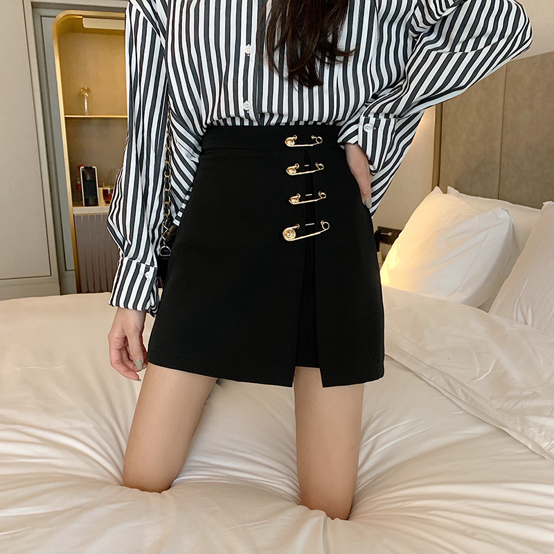 

2021big pin buckle pencil skirts women black zipper high waist short mini skirt a-line korean design summer skirt plus size w425