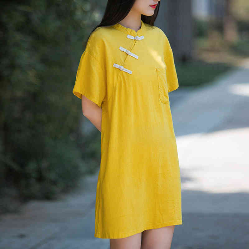 

Johnature Women Chinese Style Cheongsam Stand Short Sleeve Cotton Linen Dresses Summer Solid Color Pockets Vintage Dress 210521, Black