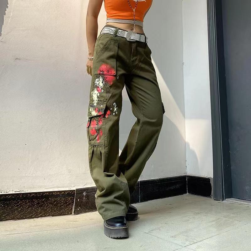 

Women's Pants & Capris Aboutlee Street Style Vintage Embroidery Printing Solid Color Low-Waist Casual Overalls Womenfashion Loose Wide-Leg, Black;white
