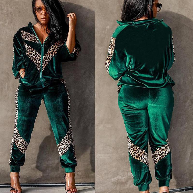 

Women' Tracksuits Autumn Winter Velvet Womens Tracksuit Set Jogger Two Piece Pants And Top Leopard Patchwork Night Club Outfits Sportswear, Black