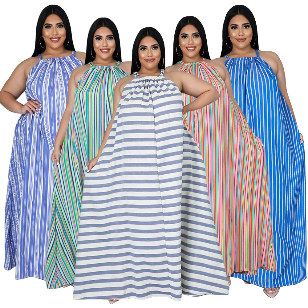

2021 Stripes Plus Size Dress Halter Neck Sleeveless A line Charming Ladies Maxi Dresses for Party Beach Floor Length L-4XL, Purple