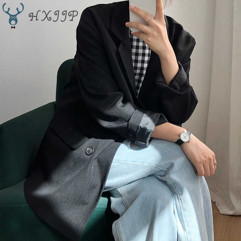 

HXJJP Women's Suit Jacket Spring Autumn Double Breasted Korean Long Sleeve Solid Loose Casual Blazer Feminino 210607, Khaki
