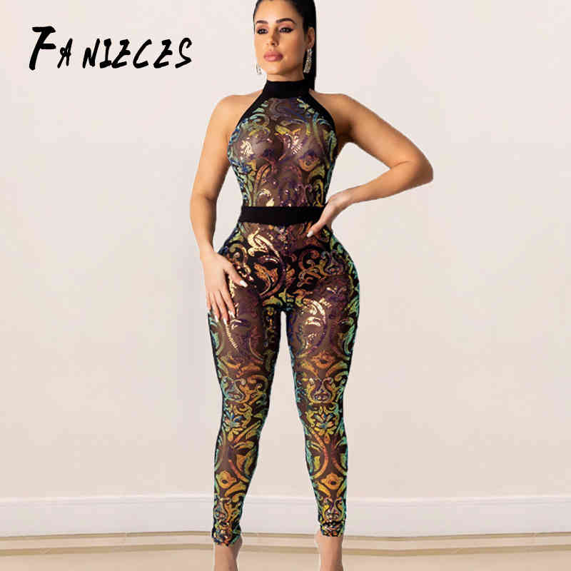 

Sexy nightclub wear Women Summer autumn long Romper Jumpsuit mesh Sleeveless Sequins Overalls Top Fashion Lady Bodycon Playsuit 210520, Beige