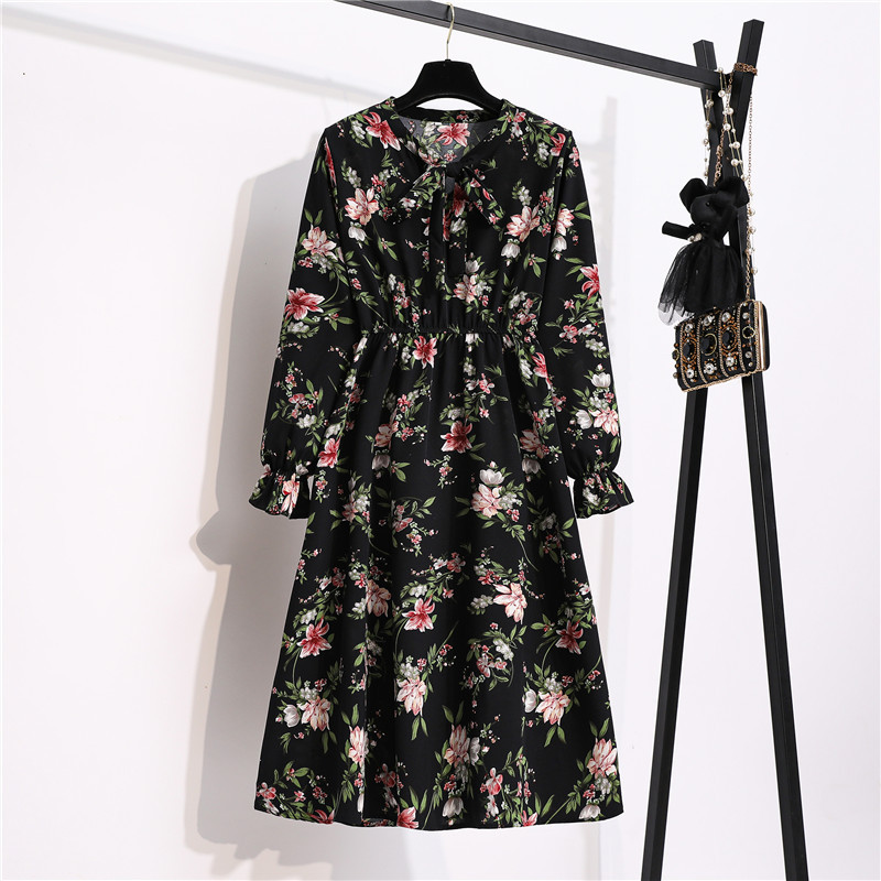 

Autumn Winter Ladies Chiffon High Elastic Waist Dress Women Bow Aline Full Sleeve Flower Print Floral Party Dress Female Vestido, Color 01