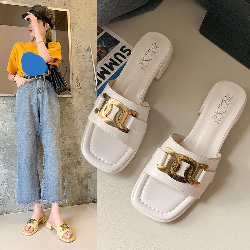 

Slippers Casual Low Med Shoes Square Heel Rivet Slides Slipers Women Luxury Block 2021 Summer Basic Fabric PU Rome Rubber Fashio, Black
