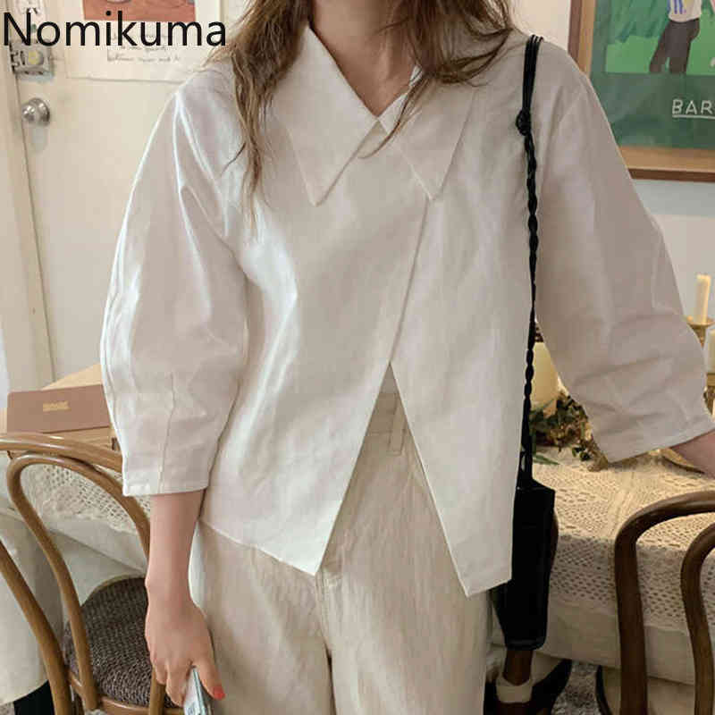 Nomikuma Causal Irregular Pullover Top Blouses Lantern Sleeve Turn-down Collar Women Shirts Spring New Blusas Mujer 6F818 210427