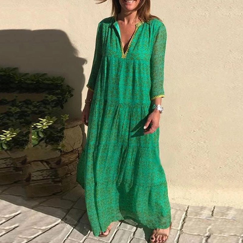 

Womens Long Sleeve Bohemian Maxi Dresses Summer Ruffle Vintage Elegant Retro Boho Floral Large Size V-Neck Dress Vestidos, Green