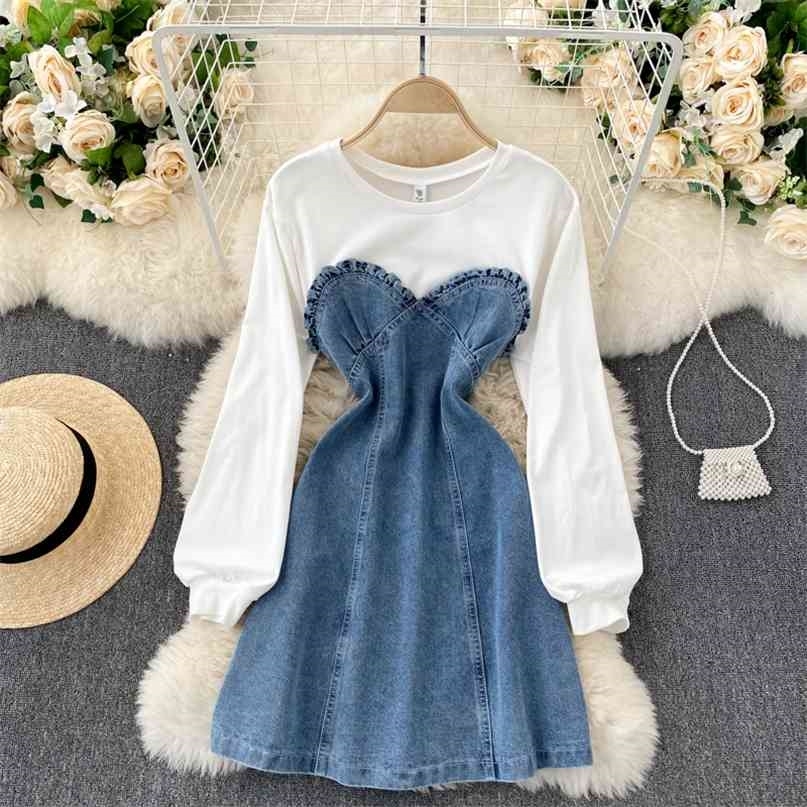 

Korean Fashion Women Sweatshirt Patchwork Denim Dress Chic Spring Casual Full Sleeve High Waist A-line Short 210603, Black