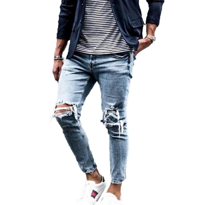 

Men' Jeans 2021 Blue Men Streetwear Destroyed Ripped Homme Hip Hop Broken Male Pencil Trousers Patch Jogger Street Pants, As pic