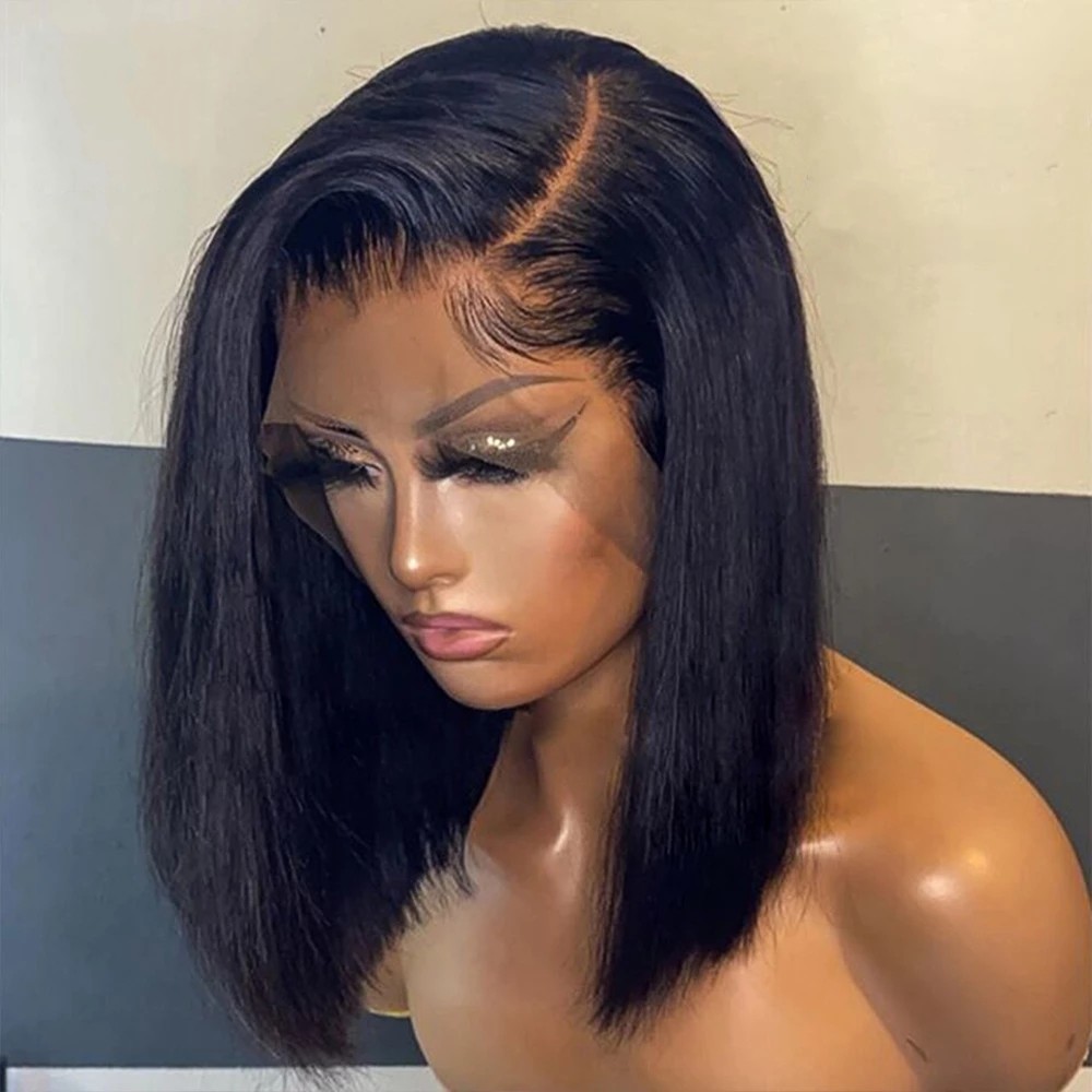 

Bob Wig Lace Front Brazilian Human Hair Wigs For Black Women Pre Plucked Short Natural 13x4 Synthetic Straight HD Full Frontal Closure Wig, S1