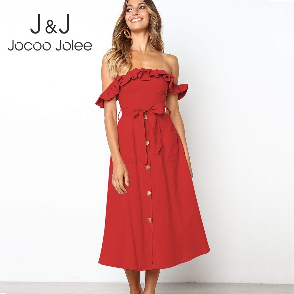 

Jocoo Jolee Casual Short Sleeve Off Shoulder Ruffled Dress Summer Solid Sashes Midi Button Pockets Maxi Sexy 210518, Khaki