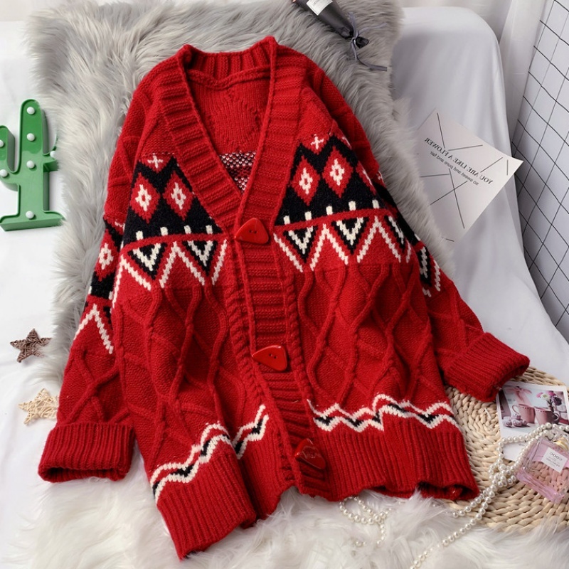 

sweaters Womens Winter Thick V Neck Red Zigzag Casual Long Sweater Cardigan Beige Green Knitop & Outerwear