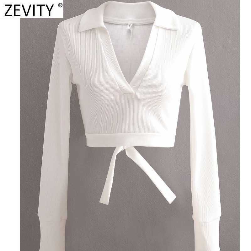 

Zevity Women V Neck Long Sleeve Hem Bow Tied Chic Camis Tank Ladies Sexy Backless Knitted Slim T-shirt Casual Short Tops LS9011 210603, As pic ls9011xd