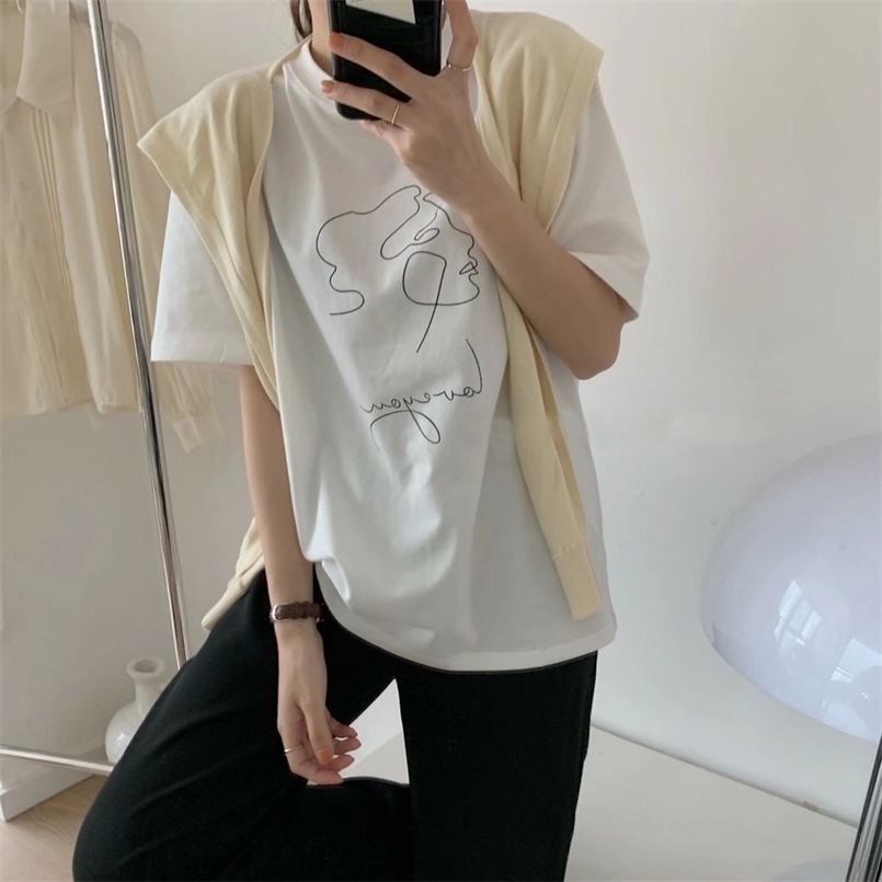 

Toppies Fashion Abstract Printing T-shirts Woman Short Sleeve Tops Tee Summer Cotton 210708, Apricot