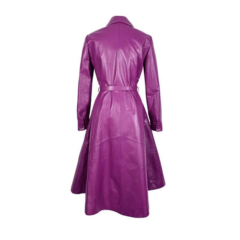 

Women 2021 Long Purple Sheepskin Genuine Leather Jacket Belted Slim Fit Office Ladies Party Outwear Windbreaker Trench Coat Women's & Faux