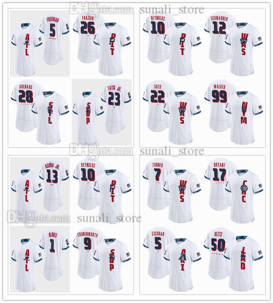 

2021 All-Star Game Baseball Jerseys 17 Kris Bryant 5 Eduardo Escobar 50 Mookie Betts 10 Bryan Reynolds 12 Kyle Schwarber 22 Juan Soto 99 Tai, Blue;black