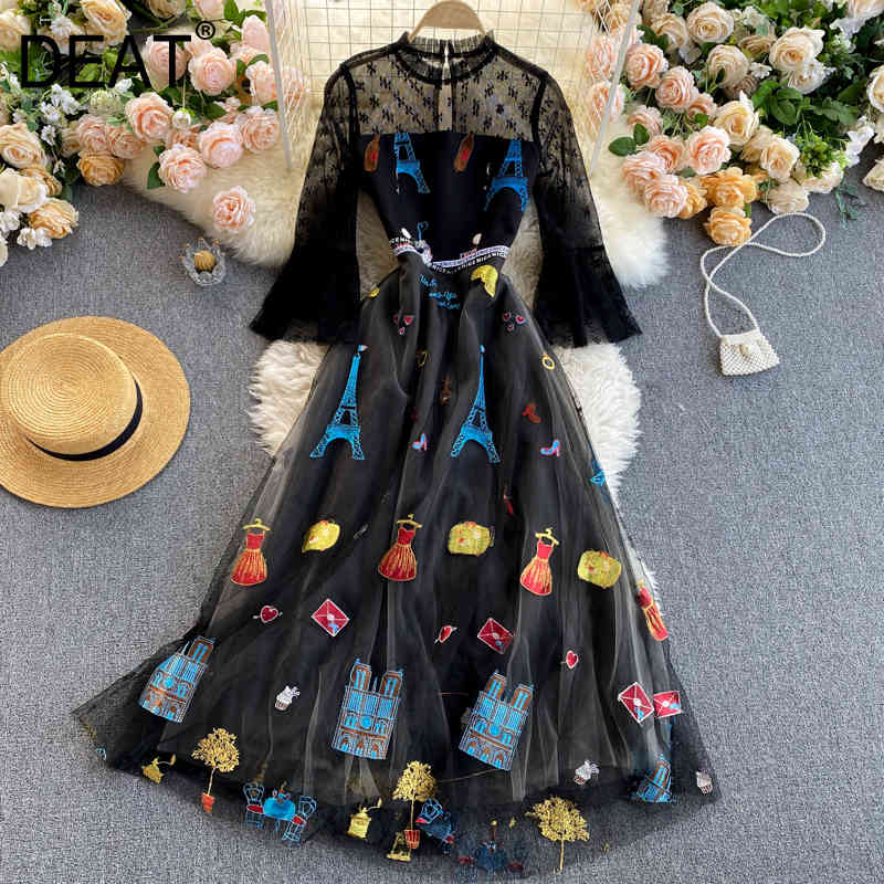 

Spring Arrivals Print Round Collar Long Sleeve High Waist Black Fungus Edge Mesh Stitching Vintage Dress MZ476 210525