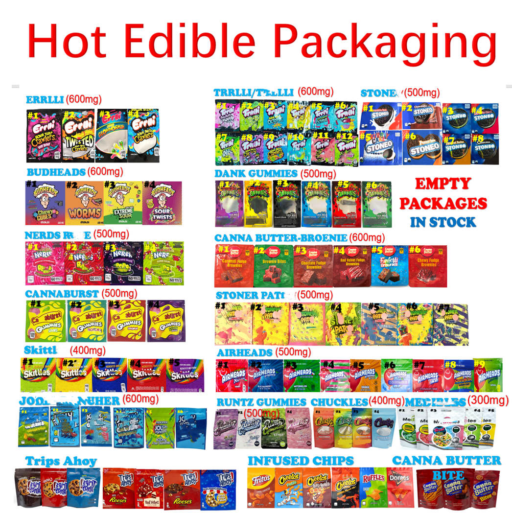 

Edible Packaging Mylar bag dank gummies cannaburst TRRLLI TRIPS DOWEEDOS CHEETOS GENERAL SOUR BROWNIE BITES Baribo Bags Resealable Empty zip lock