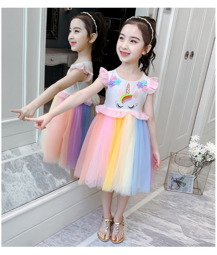 

Spring and Summer Girl's Dresses Animal Embroidered Flower colours Dress, Pink