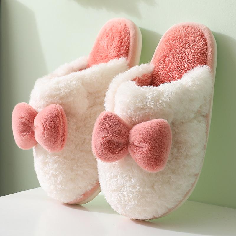 

Slippers Women Warm Hairy Lining Cozy Slides Memory Foam Cute Bow-Knot Floor Shoes Plush Home Mute Skin-Friendly Cotton, Black