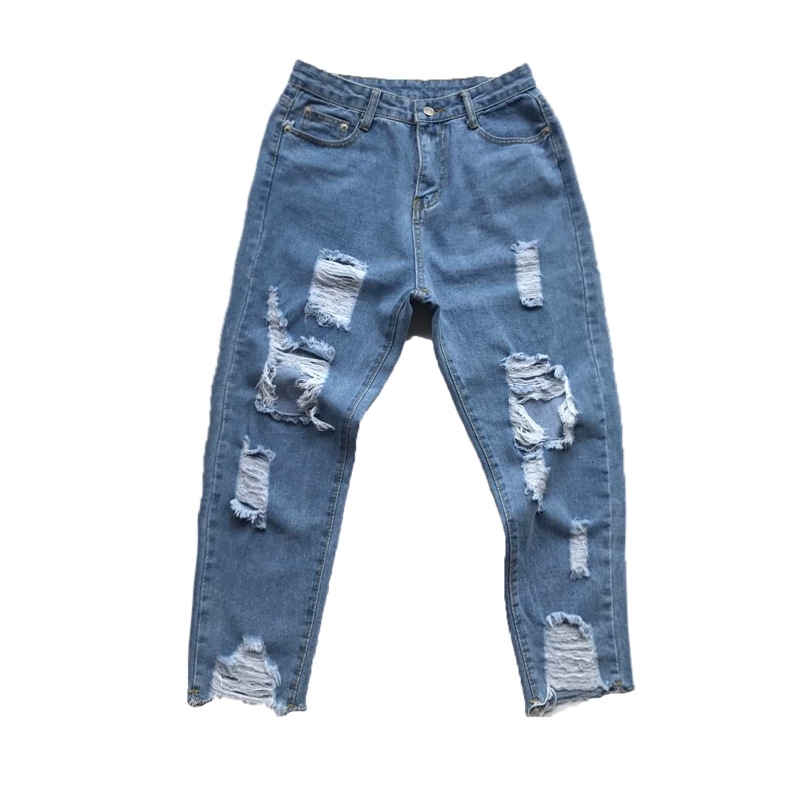 Men's Jeans Wholesale Korean big Ripped streetwear denim hole jeans Ankle Length pants men\'s loose students 5HHE-image-694623822