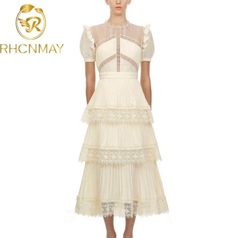 

High Quality Runway self portrait Designer Dress Women Summer Patchwork Vintage Ruffles Lace A-line Slim Maxi Midi 210520, Beige