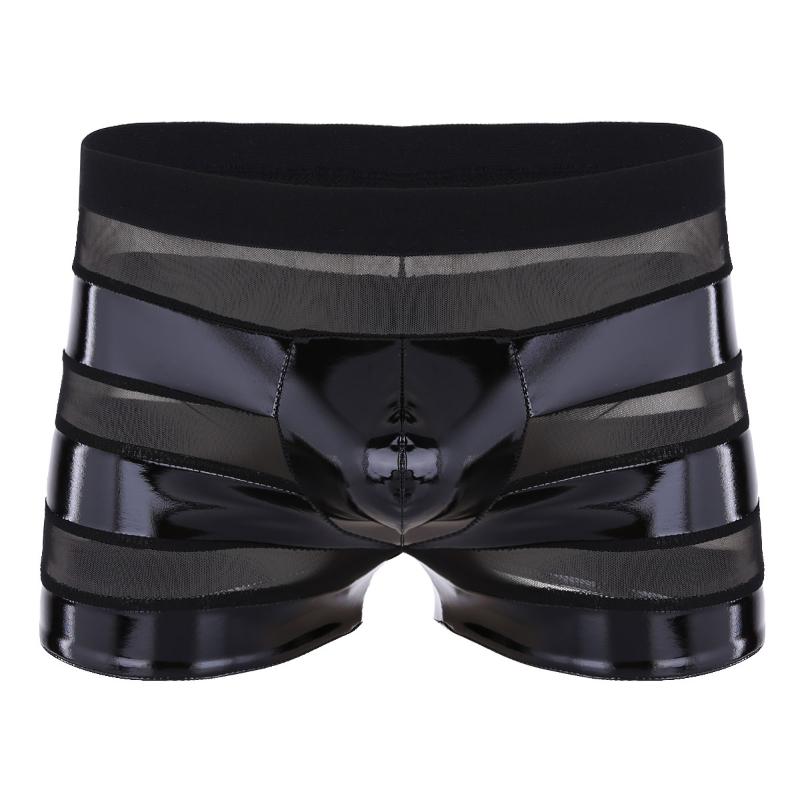 

Men Sexy Lingerie Bikini Wetlook Faux Leather Mesh Patchwork Stripe Low Waist Boxer Shorts Briefs Underwear Latex Panties -2XL Women's, Black;pink