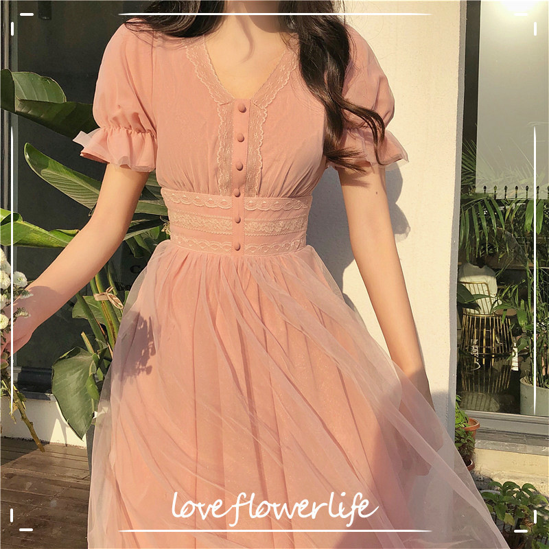 

Summer Mesh Dress Women Puff Sleeve V-neck A-line Slim Korean Style Mesh Retro DressElegant Vintage Vestidos Female  210521, Blue