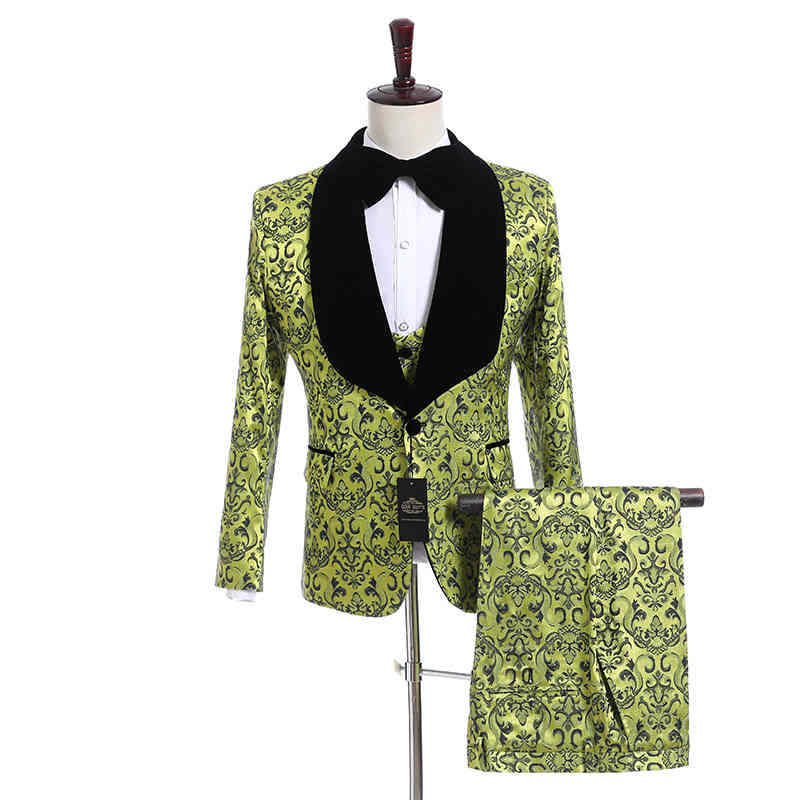 

Men's Suits & Blazers Groomsmen Greenyellow Pattern Groom Tuxedos Shawl Black Lapel Men Side Vent Wedding/Prom Man ( Jacket+Pants+ FET1, Same picture