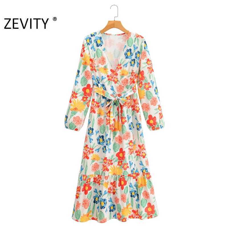 

ZEVITY women elegant cross v neck flower print bow sashes a line midi dress femme long sleeve kimono vestido chic dresses DS4494 210603, As pic ds4494ff