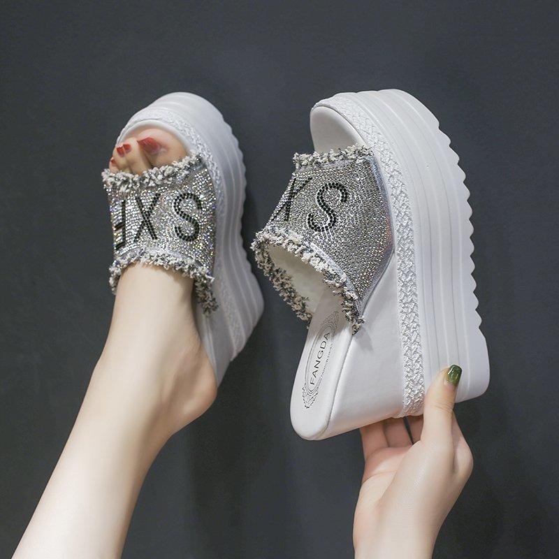 

Slippers Crystals Wedges Super High Heels Summer Sandals Women 2021 Beach Platform Flip Flop 13cm, Black