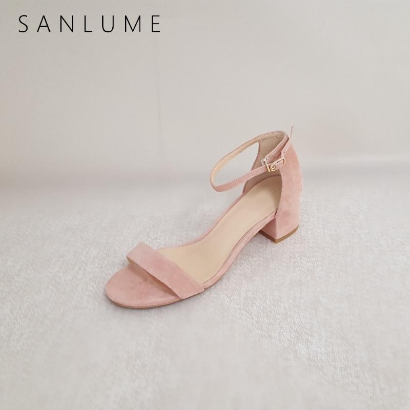 

Arrive Summer Sandals Women Pumps Ladies Genuine Leather Sandal Sexy Ankle Strap Thick Heels Peep Toe Kid Suede, Black