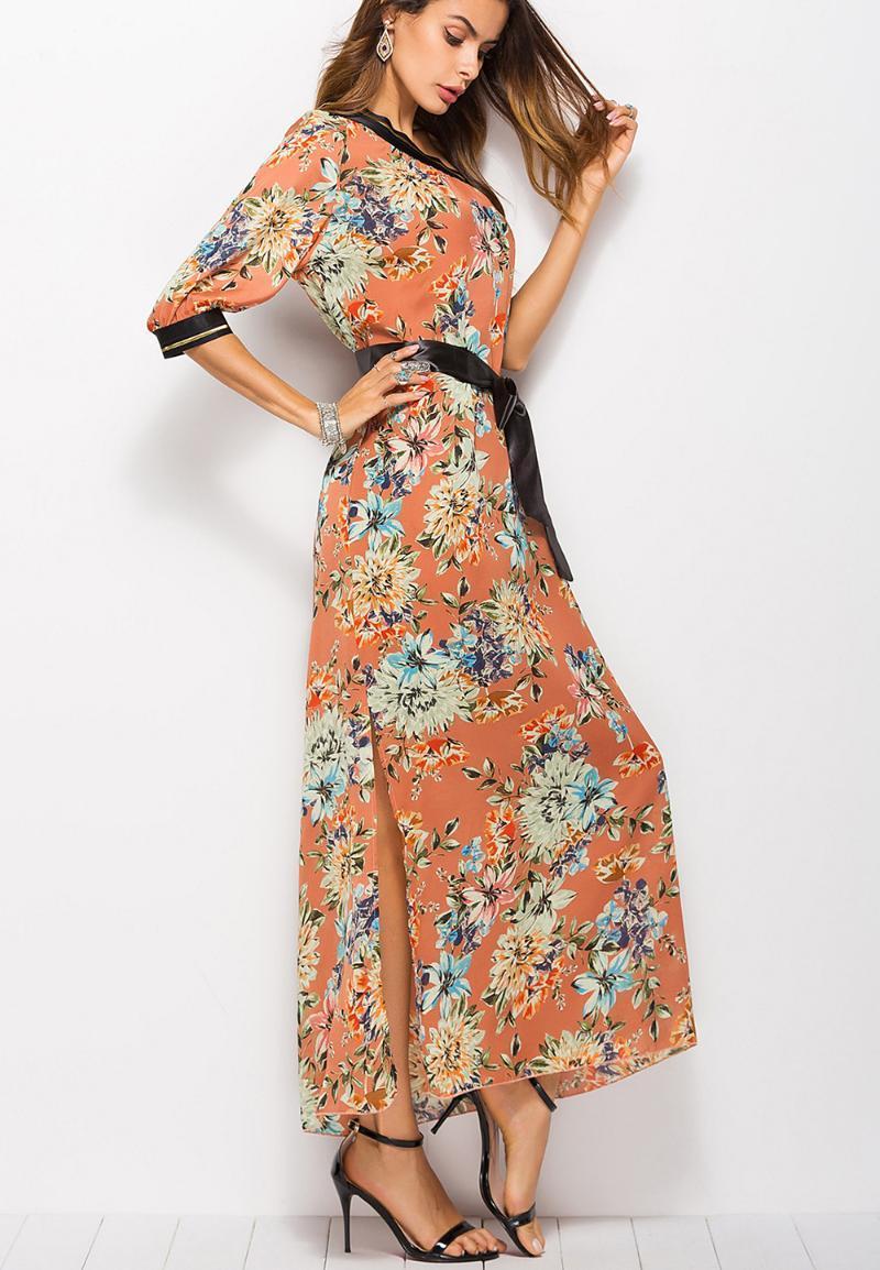 

Women Bohemi Beach Dress Dew Shoulder Single Sleeve Flowers Robe Printed Long Dresses Women's Swimwear, Orange