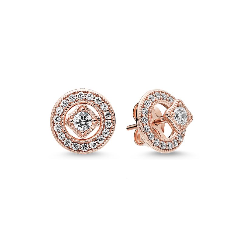 

18K Rose Gold Vintage Charm Earrings 925 Sterling Silver CZ Diamond Original Box Suitable for Pandora Women's Girls Gift Stud Earring Set